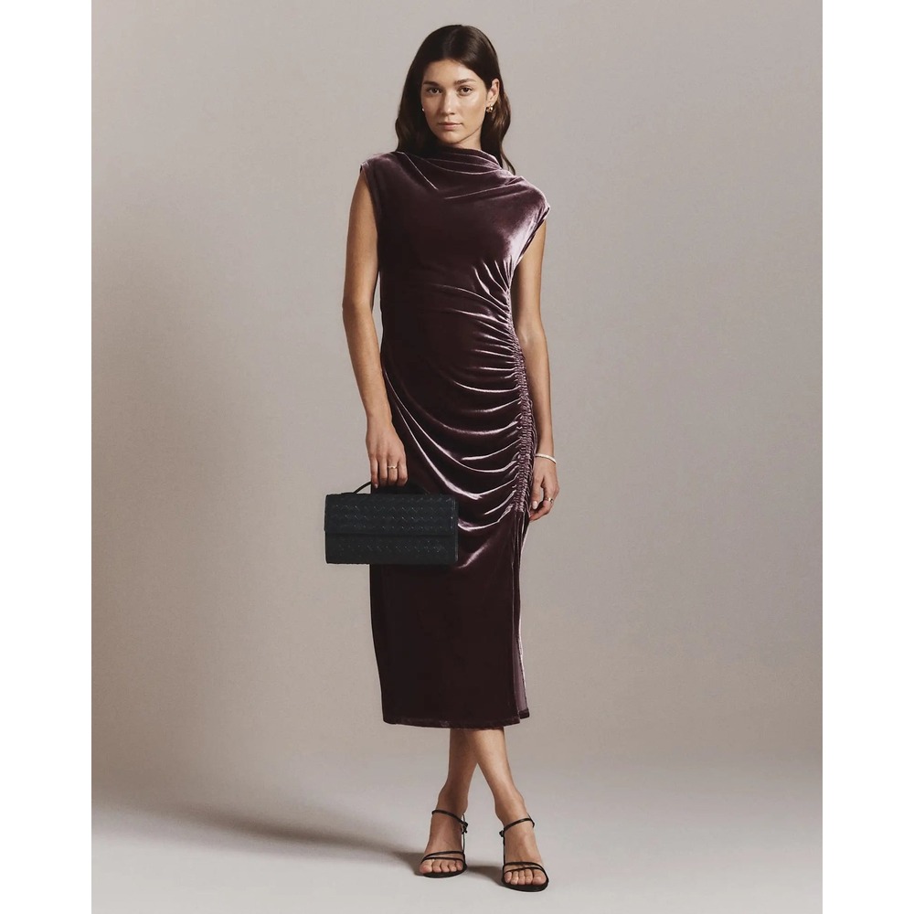 Quince Silk Blend Velvet Midi Dress Womens Small Plum Ruched Cowl Neck Excellent